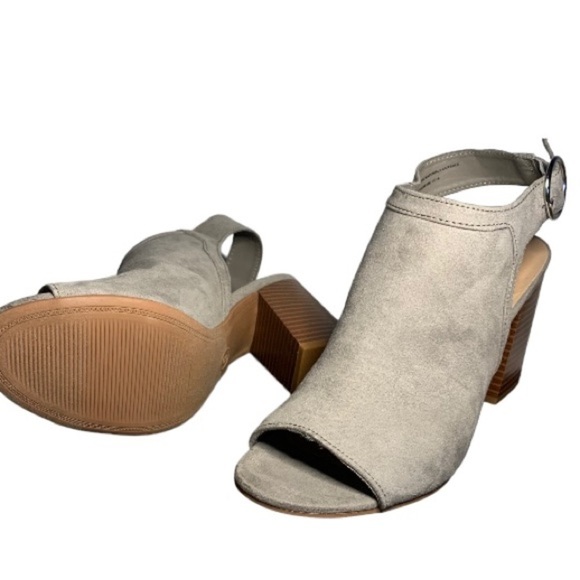 SHOES Light Gray Suede Open Toe High Heel Open Heel Shoe 3.5 Inch Chunky Heel - Picture 9 of 10